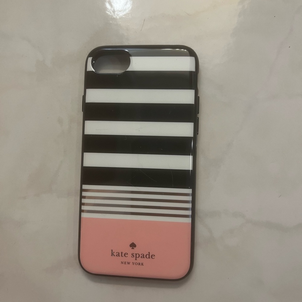 Kate Spade iPhone 7/8 Black & White Striped Phone Case with Gold & Pink Accents